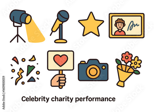 Celebrity Charity Icons. Flat vector mini-illustrations celebrity charity performance in colors children's