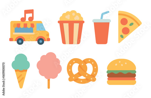 Charity Concert Food Icons. Flat vector mini-illustrations charity concert food stalls in colors children's