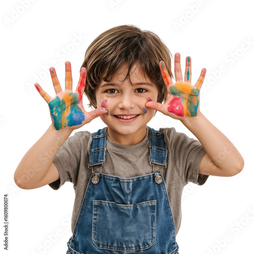 Joyful child proudly displays colorful painted hands, beaming with creative accomplishment and playful innocence in this vibrant moment.