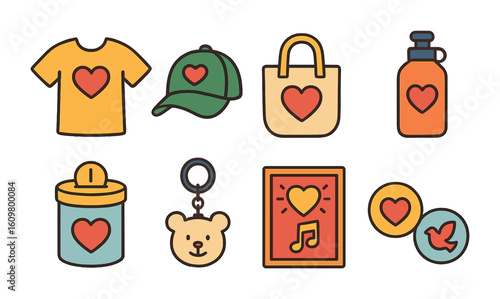 Charity Merchandise Display. Flat vector mini-illustrations charity merchandise booth in colors children's