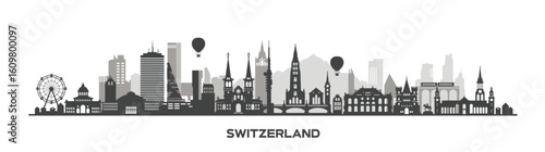 switzerland building landscape design, tourist attraction icons and Swiss country icons, beautiful European country skyline