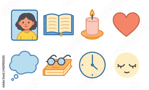 Self-Reflection Icons. Flat vector mini-illustrations self-reflection moments in colors children's