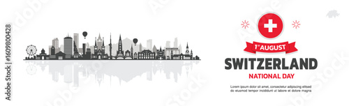 switzerland Independence Day Design with buildings and icons, Background, Design, Greeting, Template and Swiss skyline greeting. 1st August design with swiss map and flag