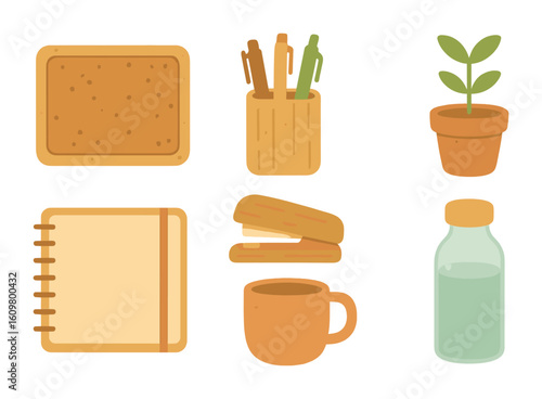 Eco Office Supplies. Flat vector mini-illustrations eco-material office supplies in colors children's