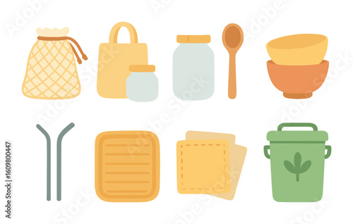 Zero-Waste Kitchen Icons. Flat vector mini-illustrations zero-waste kitchen items in colors children's