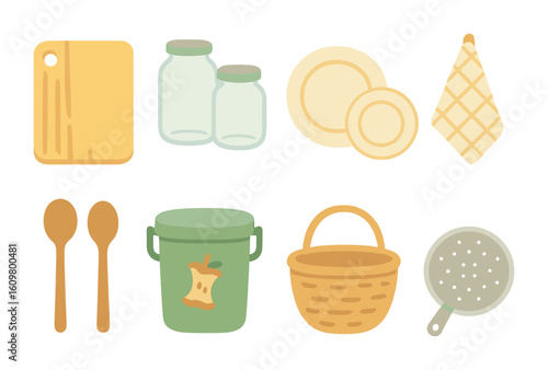 Sustainable Kitchen Icons. Flat vector mini-illustrations sustainable kitchen design in colors children's