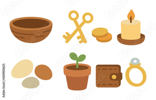 Rustic Decor Miniatures. Flat vector mini-illustrations rustic bowl decor in colors children's illustrations: