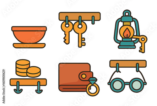 Creative Key Holder Ideas. Flat vector mini-illustrations creative key holder ideas in colors children's