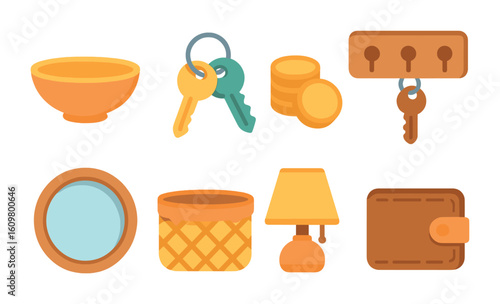 Children's Key Station Icons. Flat vector mini-illustrations hallway key station in colors children's