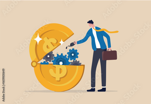 Financial or money liquidity to help economic stimulus, central bank monetary policy to help lubricate economy concept, businessman put lubricant oil on machine gear of opening money dollar coin. 