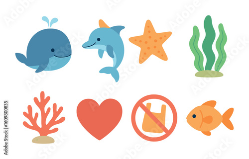 Saving Marine Life. Flat vector mini-illustrations saving marine life in colors children's illustrations: