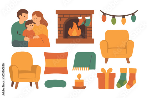 Cozy Family Moments. Flat vector mini-illustrations family by the fireplace in colors children's illustrations