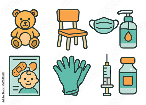Pediatric Vaccination Icons. Flat vector mini-illustrations pediatric vaccination corner in colors children's