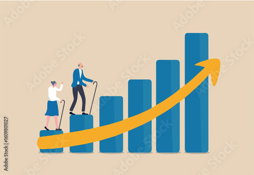 Aging society, world population aging problem, workforce crisis by low birth rate compare to senior elderly or retiree increase, elderly senior couple walk up rising, increasing graph of aged citizen