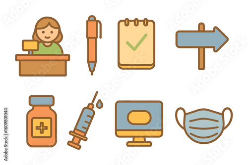 Vaccine Registration Icons. Flat vector mini-illustrations vaccine registration desk in colors children's