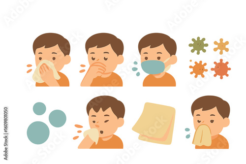 Sneezing Etiquette Icons. Flat vector mini-illustrations covering mouth when sneezing in colors children's