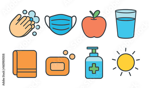 Healthy Habits Grid. Flat vector mini-illustrations healthy habits against germs in colors children's