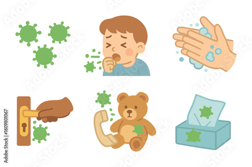 Germ Spread Illustrations. Flat vector mini-illustrations how germs travel in colors children's illustrations: