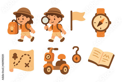 Child Time Explorers. Flat vector mini-illustrations child explorers in time in colors children's