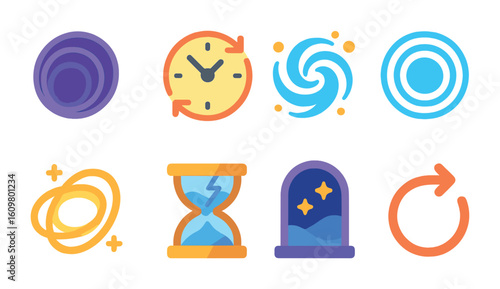 Playful Time Travel Icons. Flat vector mini-illustrations wormholes and time loops in colors children's
