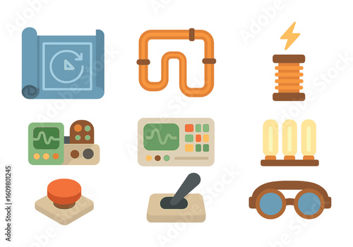Building a Time Machine. Flat vector mini-illustrations building a time machine in colors children's