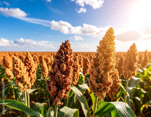 Golden sorghum heads in a vast field under a partly cloudy sky
