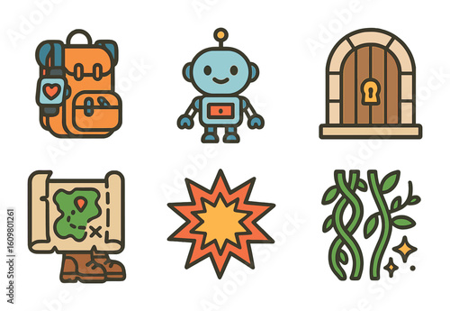 Kids' Time Travel Adventure. Flat vector mini-illustrations kids time travel adventures in colors children's