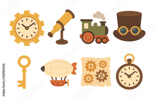 Steampunk Time Travel Icons. Flat vector mini-illustrations steampunk time travel in colors children's
