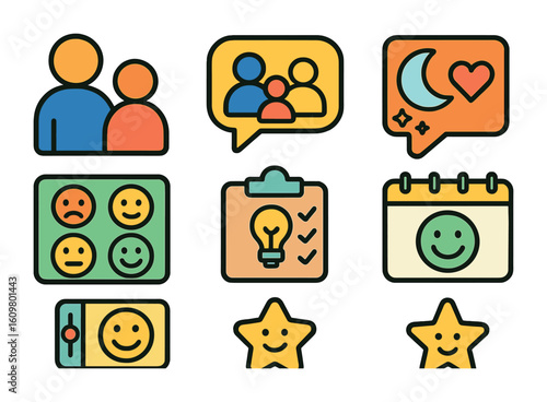 Family Wellness Icons. Flat vector mini-illustrations parent-child mental health apps in colors children's
