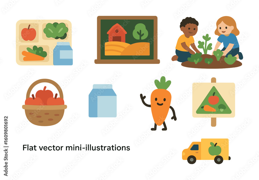 Fototapeta premium Farm-to-School Illustrations. Flat vector mini-illustrations farm-to-school programs in colors children's