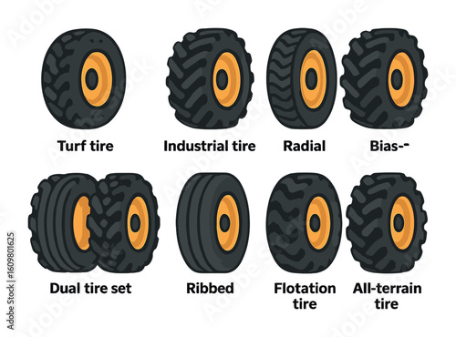 Tractor Tire Types. Flat vector mini-illustrations types of tractor tires in colors children's illustrations: