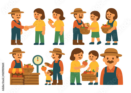 Farmer Market Interaction. Flat vector mini-illustrations farmer and customer interaction in colors children's