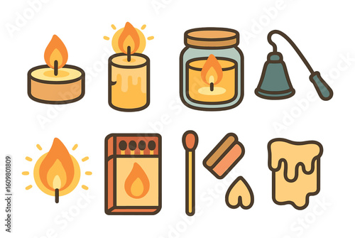 Candlelight Kids Icons. Flat vector mini-illustrations candlelight ambiance in colors children's illustrations