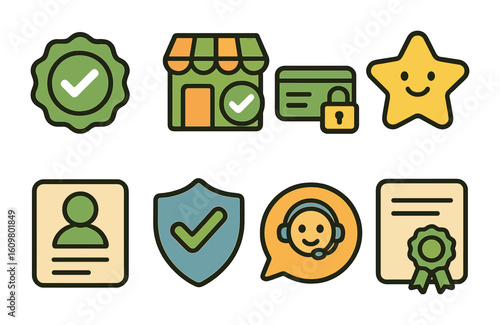 Children's Trust Icons. Flat vector mini-illustrations online trust signals in colors children's illustrations
