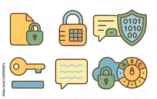 Children's Data Encryption. Flat vector mini-illustrations data encryption basics in colors children's