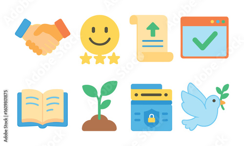 Trust Icons Grid. Flat vector mini-illustrations recovering brand trust in colors children's illustrations: