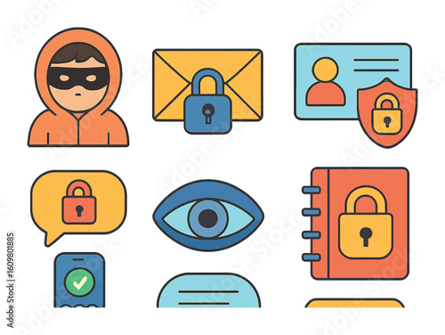 Digital Safety Icons. Flat vector mini-illustrations digital identity protection in colors children's