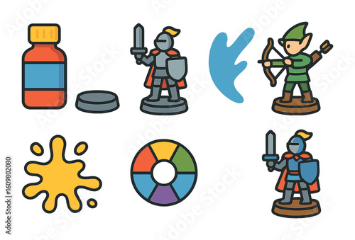 Miniature Painting Icons. Flat vector mini-illustrations miniature figures painting in colors children's