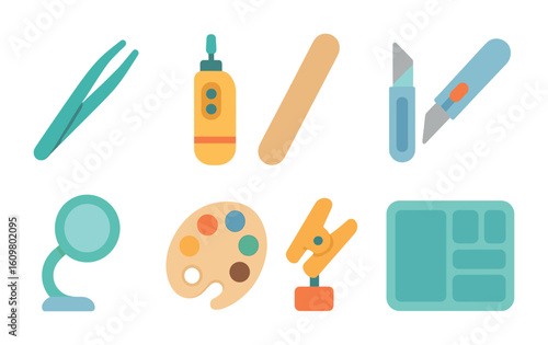Hobby Tools Icons. Flat vector mini-illustrations hobby tools for miniatures in colors children's