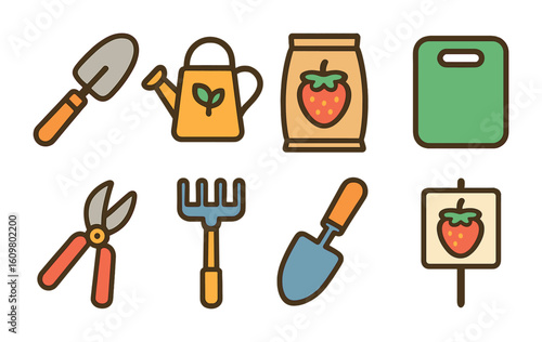 Children's Garden Tools Icons. Flat vector mini-illustrations strawberry garden tools in colors children's