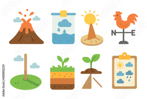 Outdoor Science Icons. Flat vector mini-illustrations outdoor science experiments in colors children's