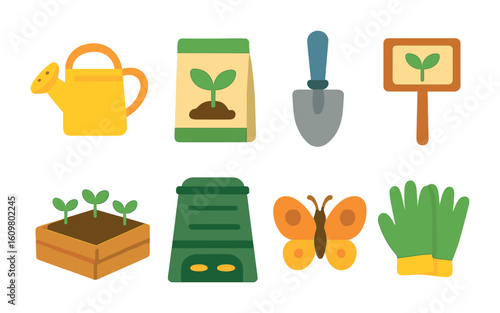 Children's Garden Icons. Flat vector mini-illustrations educational garden projects in colors children's