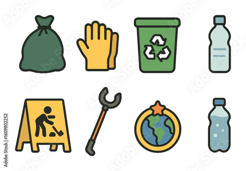 Kids' Eco Cleanup Icons. Flat vector mini-illustrations environmental clean-up day in colors children's