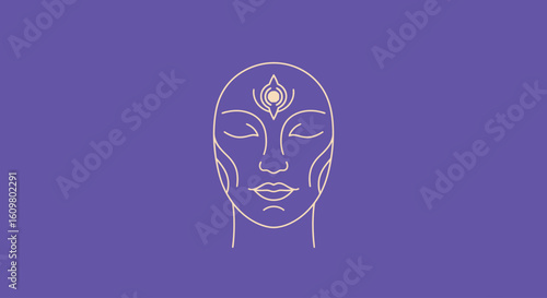 Abstract graphic illustration of a spiritual goddess head with a third eye, symbolizing serenity, intuition, and cosmic awareness.
