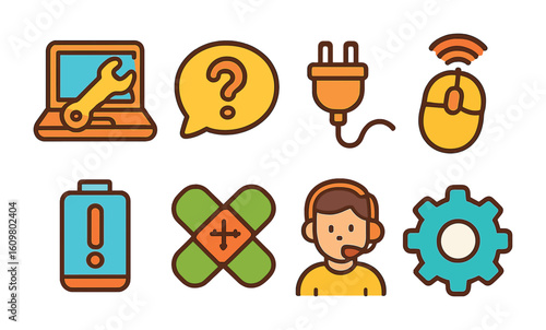 Tech Support Icons. Flat vector mini-illustrations tech support for remote workers in colors children's