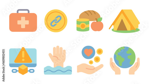 Blockchain Disaster Relief Icons. Flat vector mini-illustrations using blockchain for disaster relief in