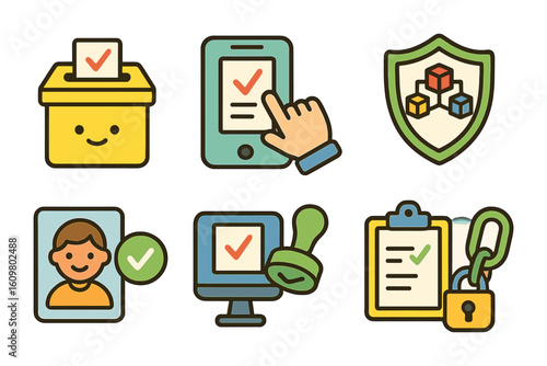 Blockchain Voting Icons. Flat vector mini-illustrations blockchain voting systems in colors children's