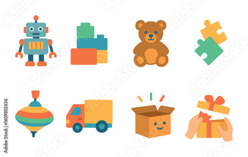 Colorful Toy Box. Flat vector mini-illustrations toy box subscriptions in colors children's illustrations: toy