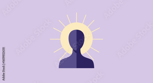 A minimalist flat illustration of a human silhouette with a glowing sun-like halo, symbolizing spiritual awakening and inner peace.