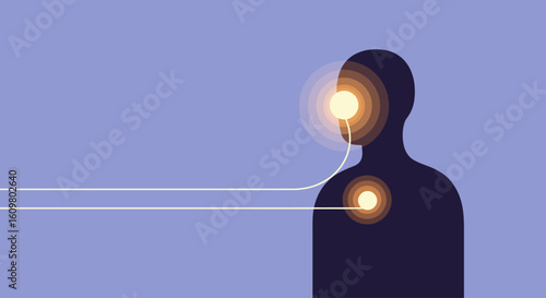 Abstract visualization of human consciousness and emotion, with glowing energy connecting the brain and heart centers.